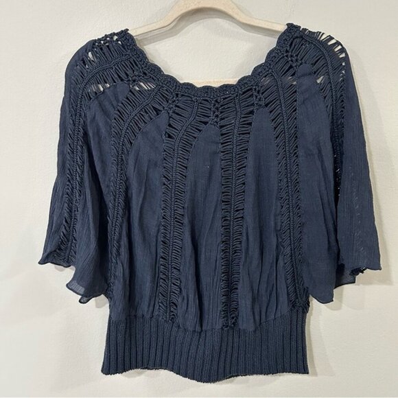 Anthropologie Tiny Sweetfern Peasant Top Navy Blue Crochet Cutout Top Size XS - Picture 7 of 8